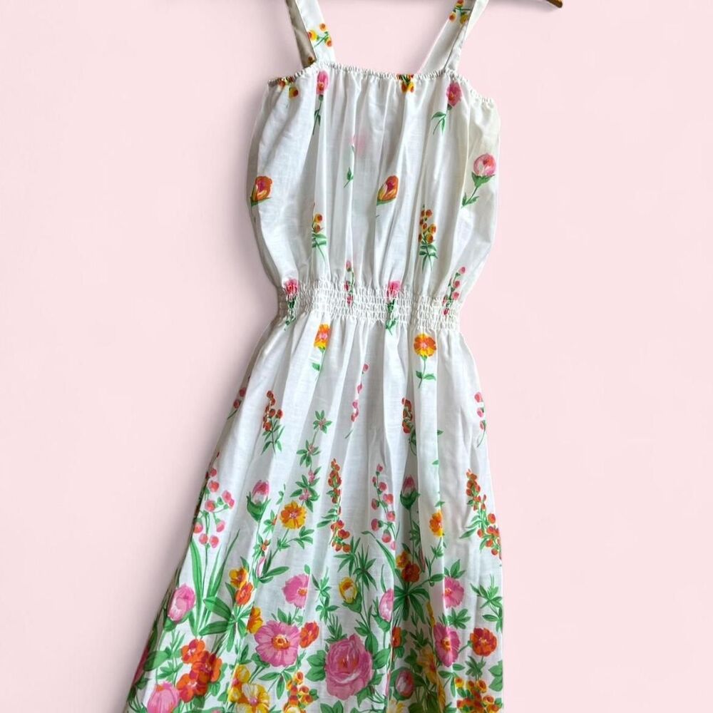 RARE late 70’s/80’s “Sears” white cotton- blend bright garden floral, maxi dress - Picture 6 of 8